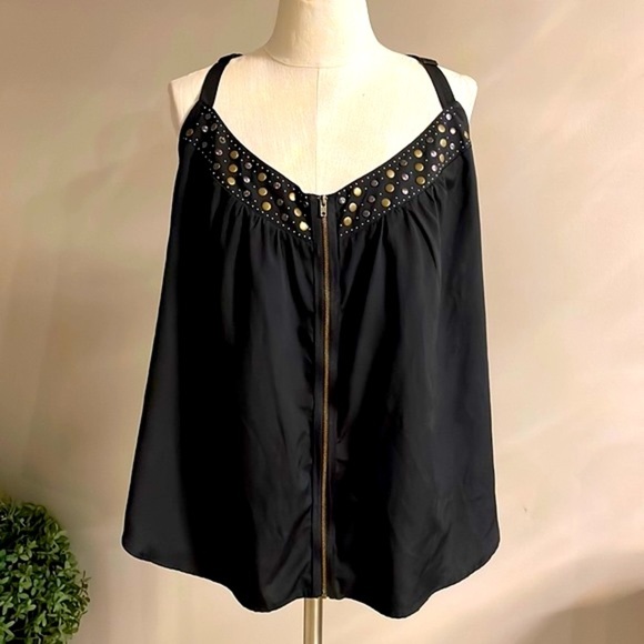 LYS halter zip up embellishment neckline top / blouse black adjustable straps 1X - Picture 1 of 11
